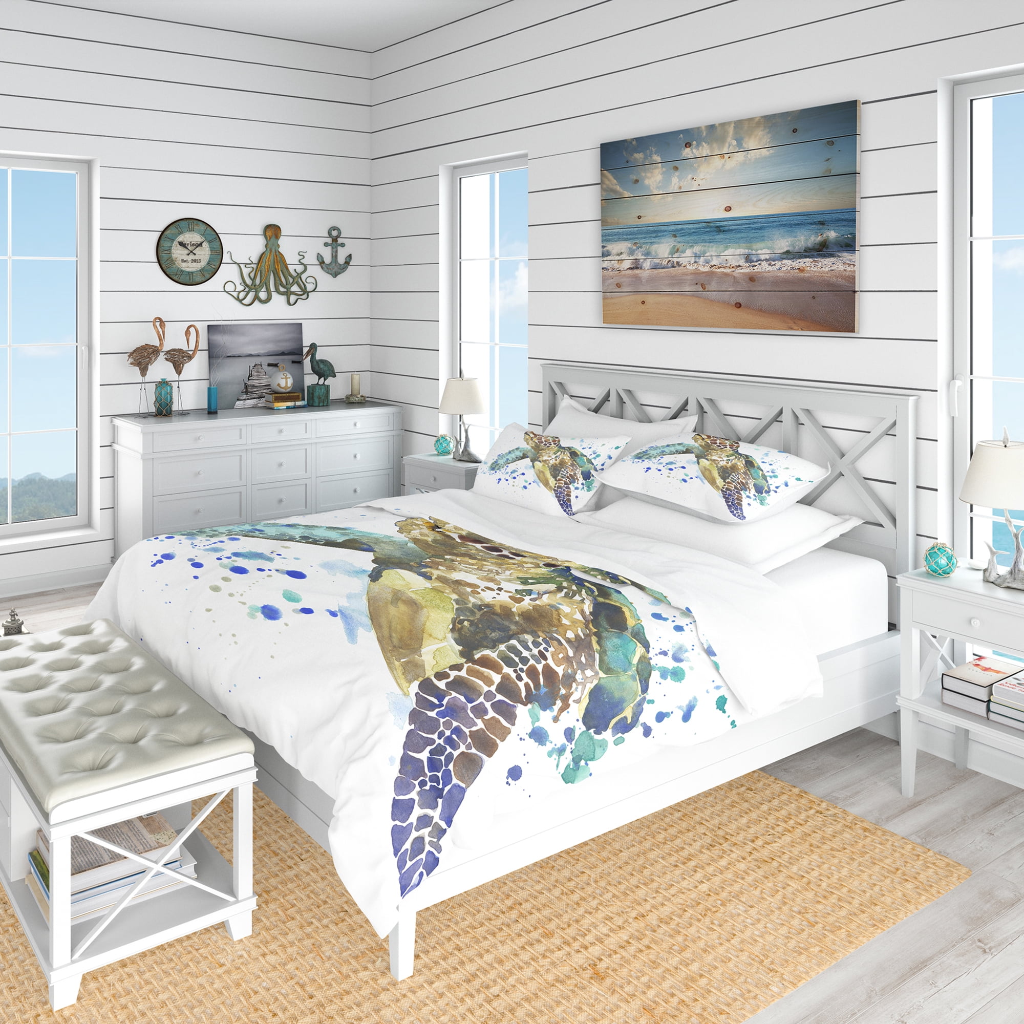 Designart 'Blue Sea Turtle Illustration' Nautical & Coastal Duvet Cover Set