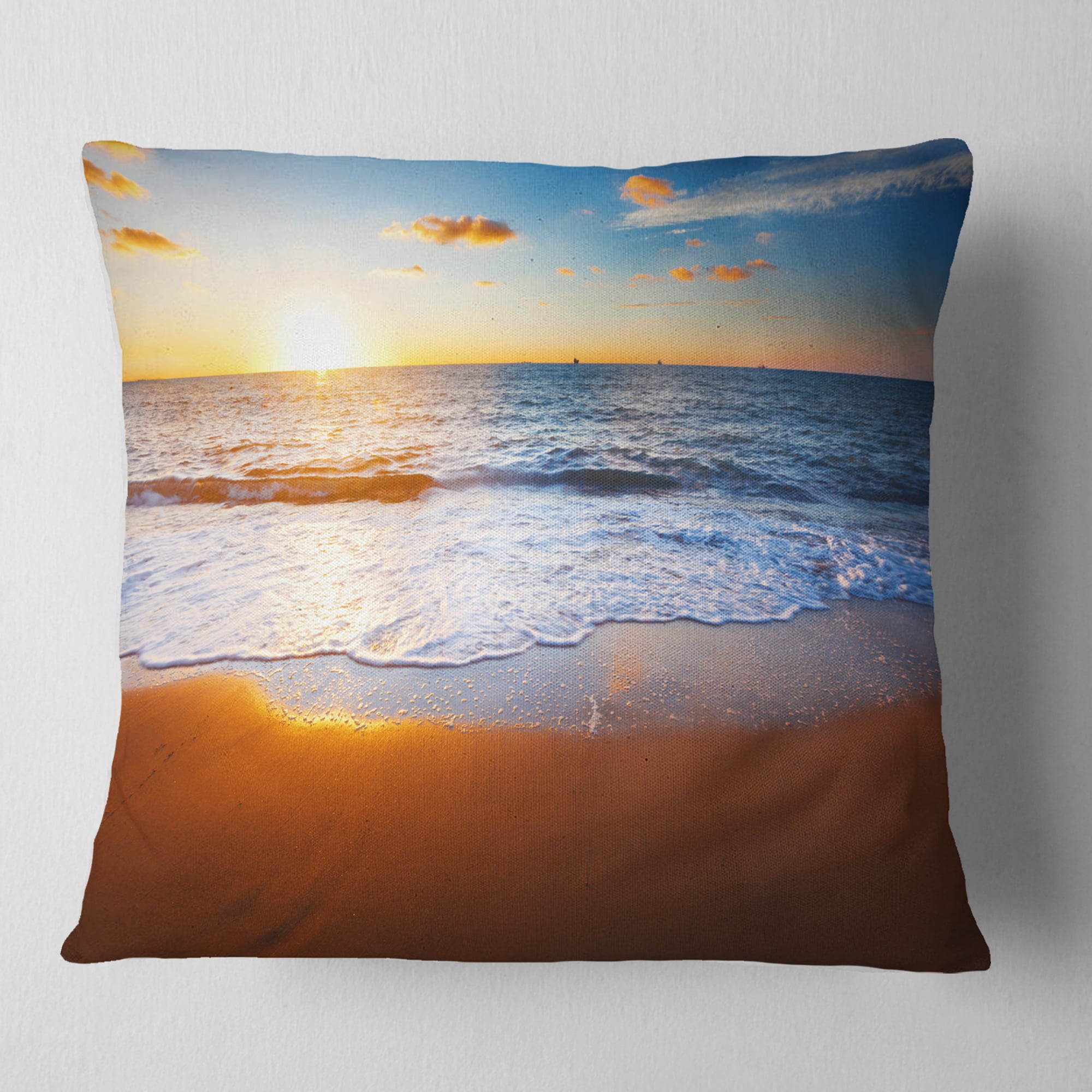 Designart Blue Sea and Sky with Sandy Beach - Seashore Throw Pillow - 16x16