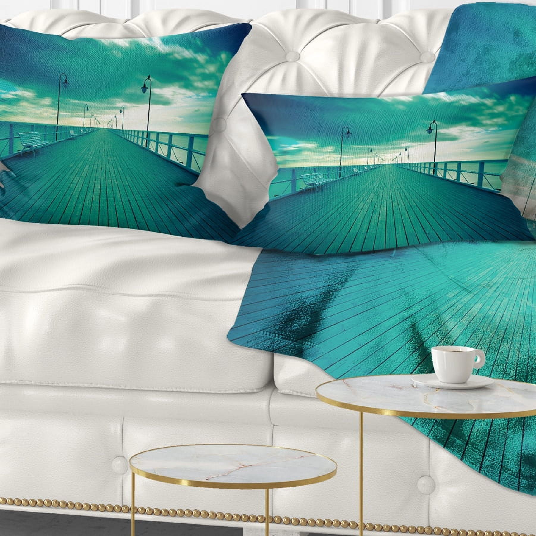 Designart Blue Seascape With Wooden Pier - Bridge Throw Pillow - 12x20