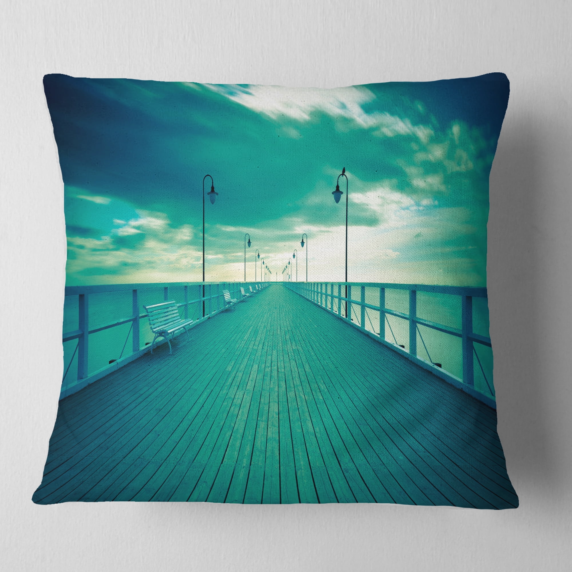 Designart Blue Seascape With Wooden Pier - Bridge Throw Pillow - 16x16