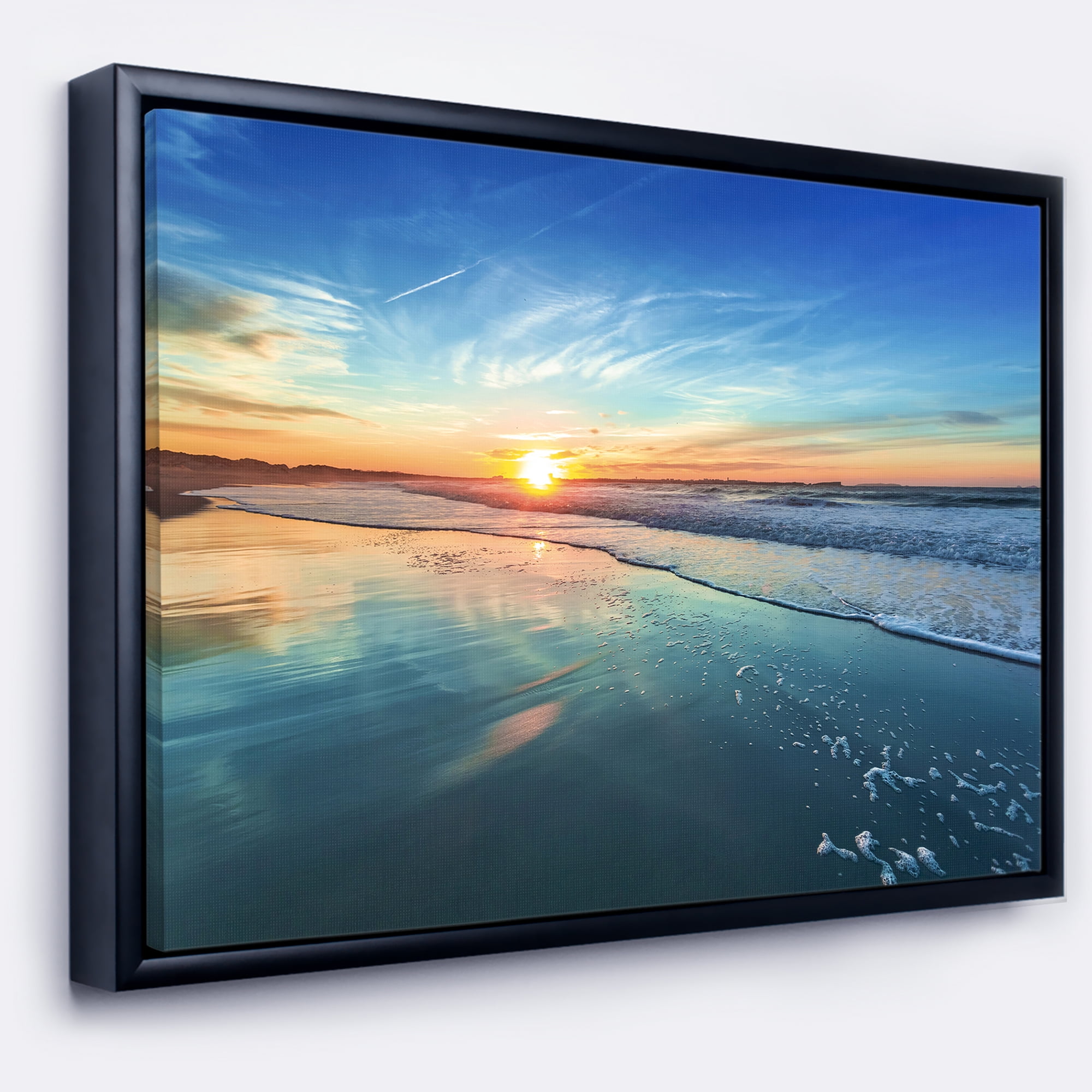 Designart ' Blue Seashore with Distant Sunset ' Seascape Framed Canvas Art Print