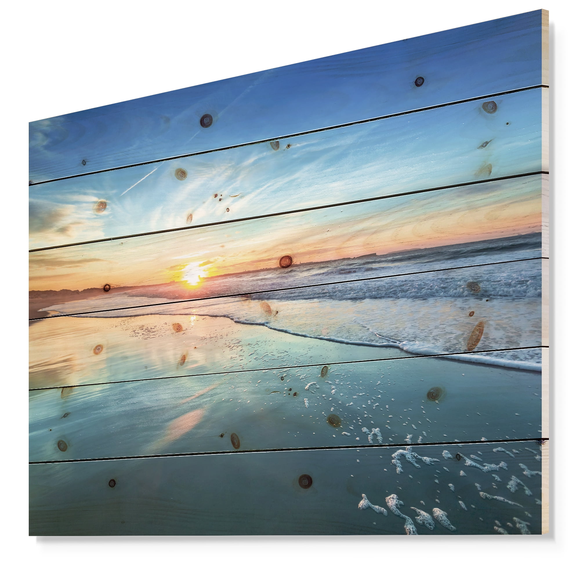 Designart Blue Seashore with Distant Sunset Seashore Print on Natural Pine Wood Art Print, 20" x 12"