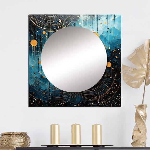 Designart "Blue Simplicity Moon VI" Abstract Collages Square Mirror Wall Decor Transitional - Large Blue Square Bathroom Mirror - Square Printed Wall Mirror Art