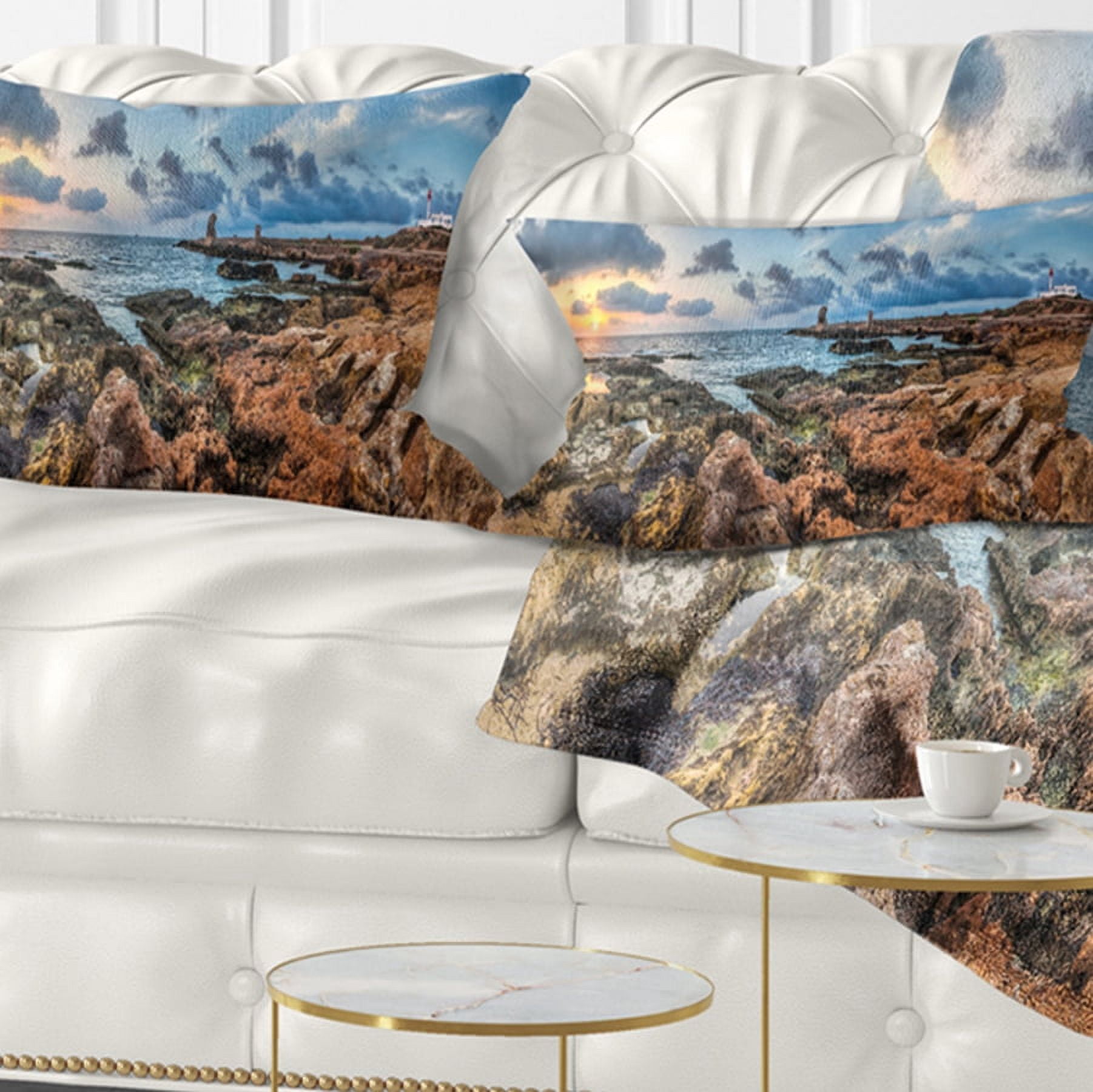 Designart Blue Sky over Rough Rocky Coast - Seashore Throw Pillow - 12x20
