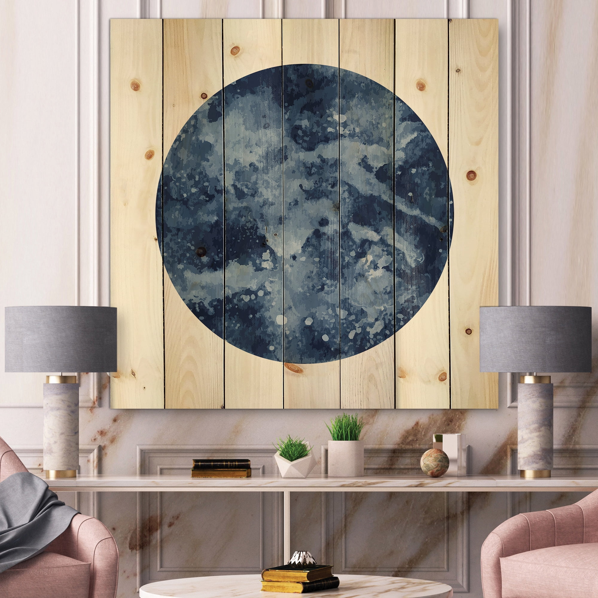 Designart 'Blue Space Galaxy Circle' Modern Print on Natural Pine Wood