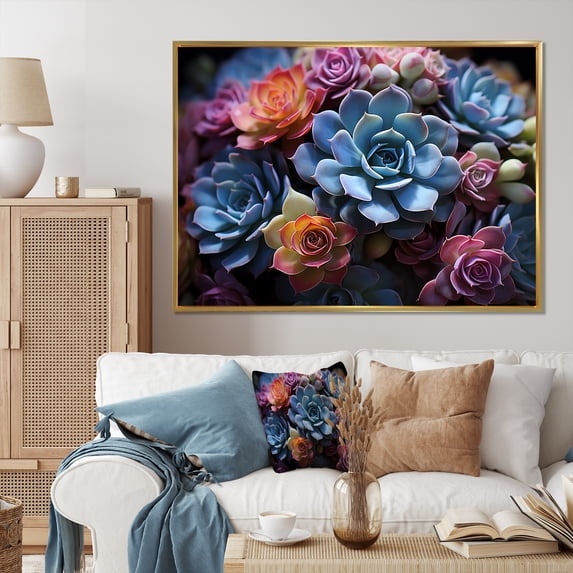 Designart "Blue Succulent landscape II" Floral Floater Framed Wall Decor