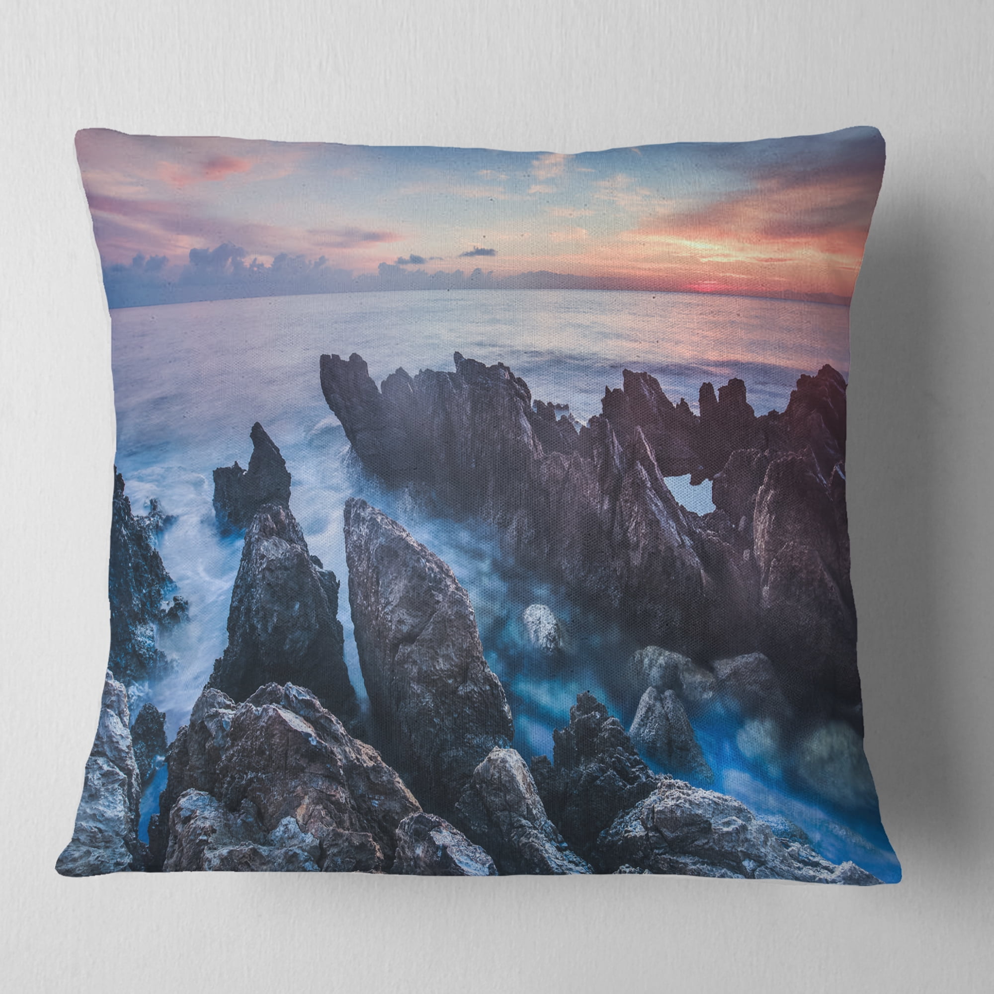 Designart Blue Sunrise Over Coast of Sicily - Beach Photo Throw Pillow - 18x18