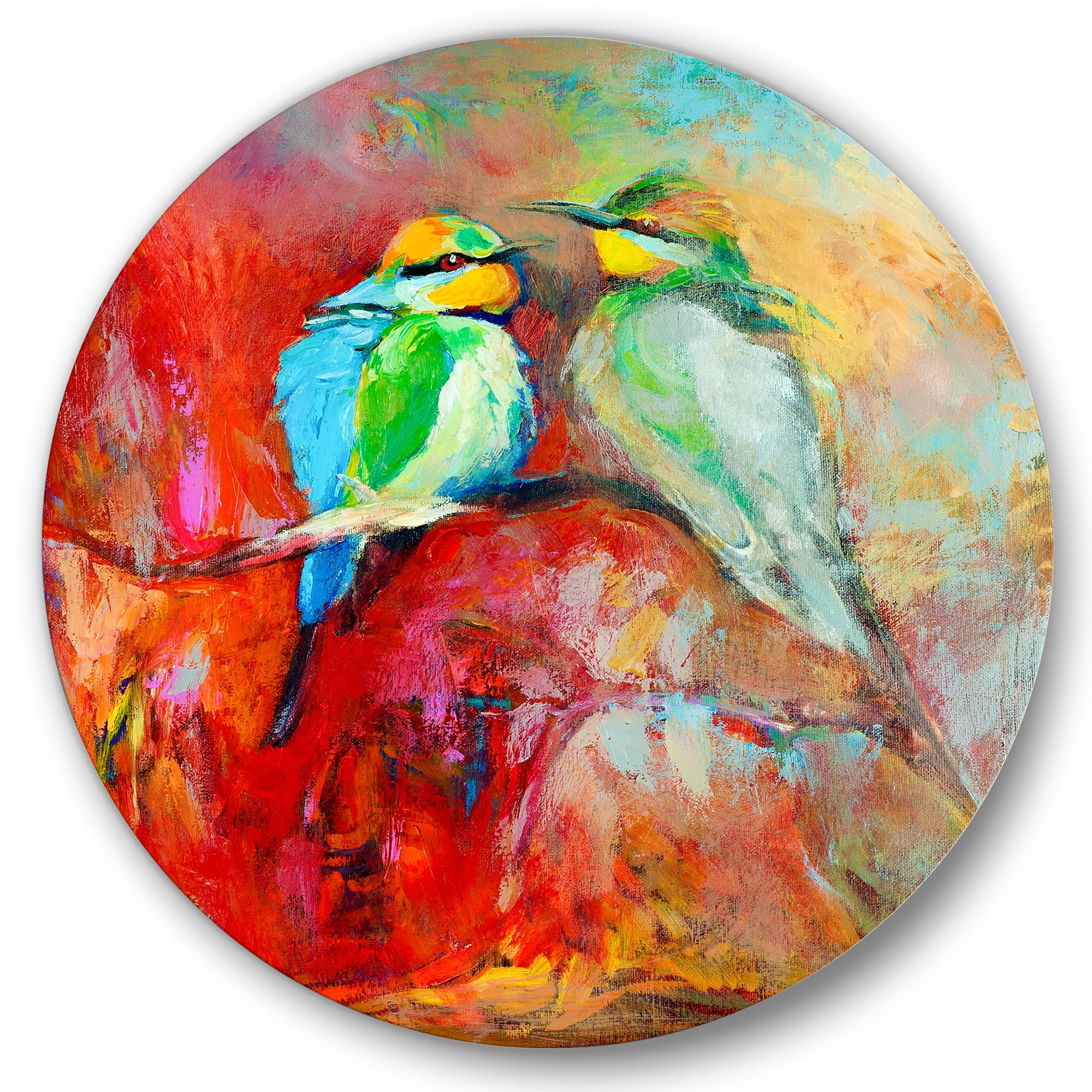 Designart 'Blue Tailed Bee Eaters Sitting On A Branch' Nautical & Coastal Circle Metal Wall Art 11x11 - Disc of 11
