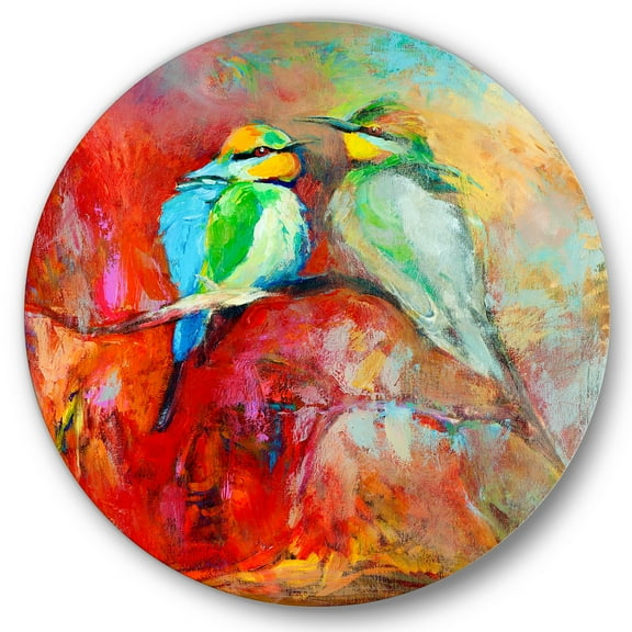 Designart 'Blue Tailed Bee Eaters Sitting On A Branch' Nautical & Coastal Circle Metal Wall Art 36x36 - Disc of 36