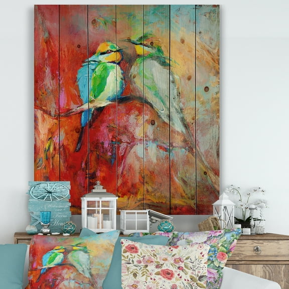 Designart 'Blue Tailed Bee Eaters Sitting On A Branch' Nautical & Coastal Print on Natural Pine Wood