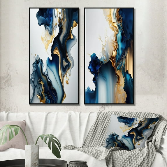 Designart "Blue Tones in Geode Marble I" Abstract Marble Framed Wall Art Set Of 2 - Blue Abstract Framed Wall Art Set Of 2