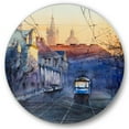 thumbnail image 1 of Designart 'Blue Tram At Sunset With Church During Sunset Cityscape' Nautical & Coastal Circle Metal Wall Art 23x23 - Disc of 23, 1 of 5
