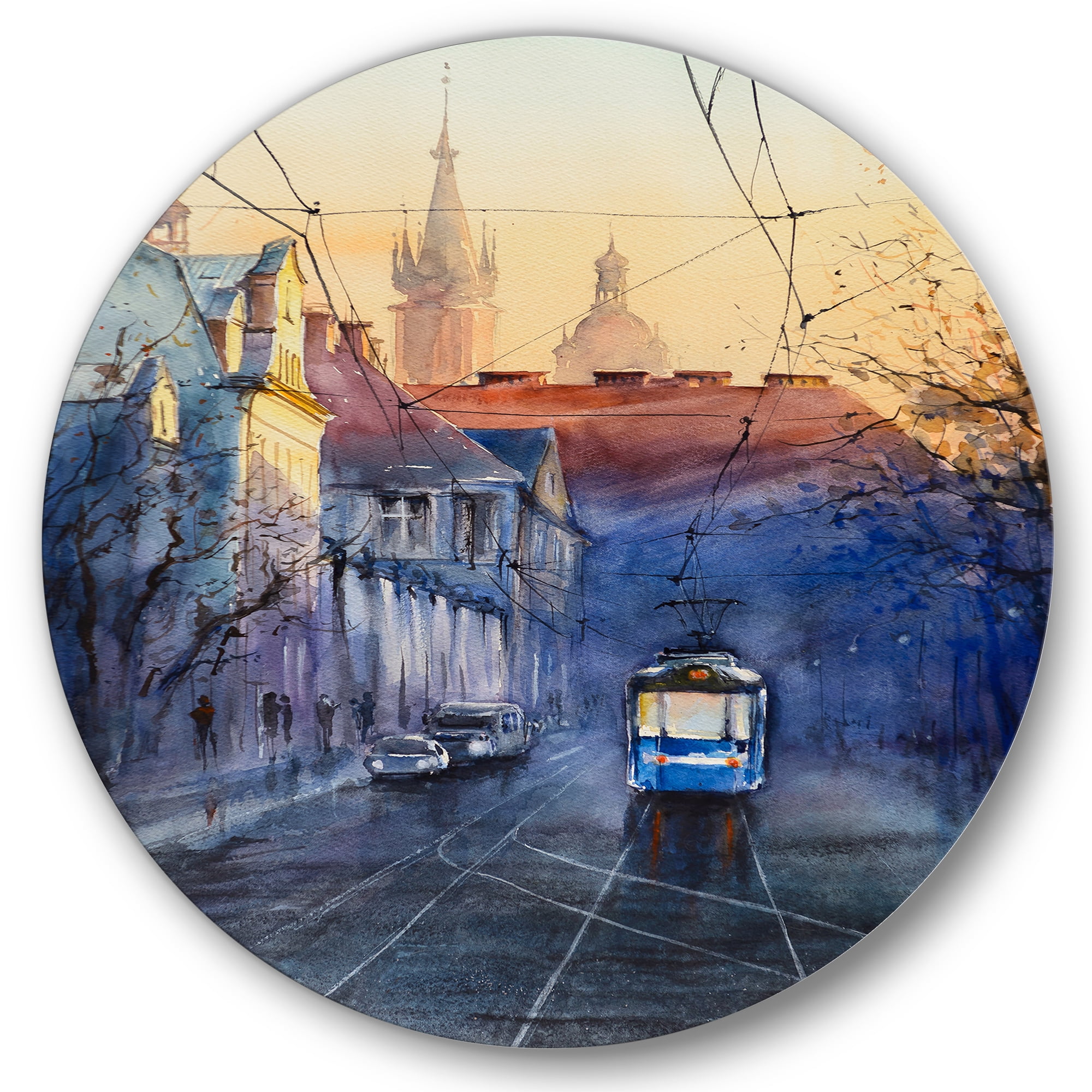 Designart 'Blue Tram At Sunset With Church During Sunset Cityscape' Nautical & Coastal Circle Metal Wall Art 36x36 - Disc of 36
