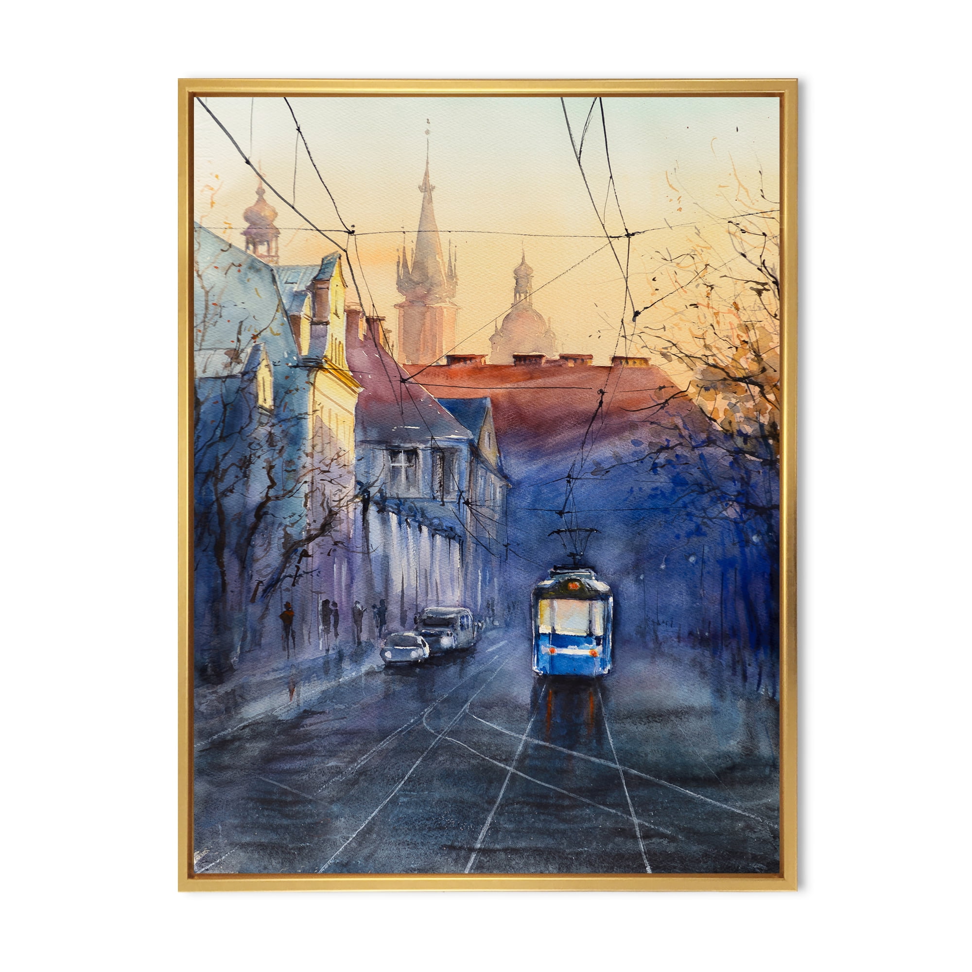 Designart 'Blue Tram At Sunset With Church During Sunset Cityscape' Nautical & Coastal Framed Canvas Wall Art Print