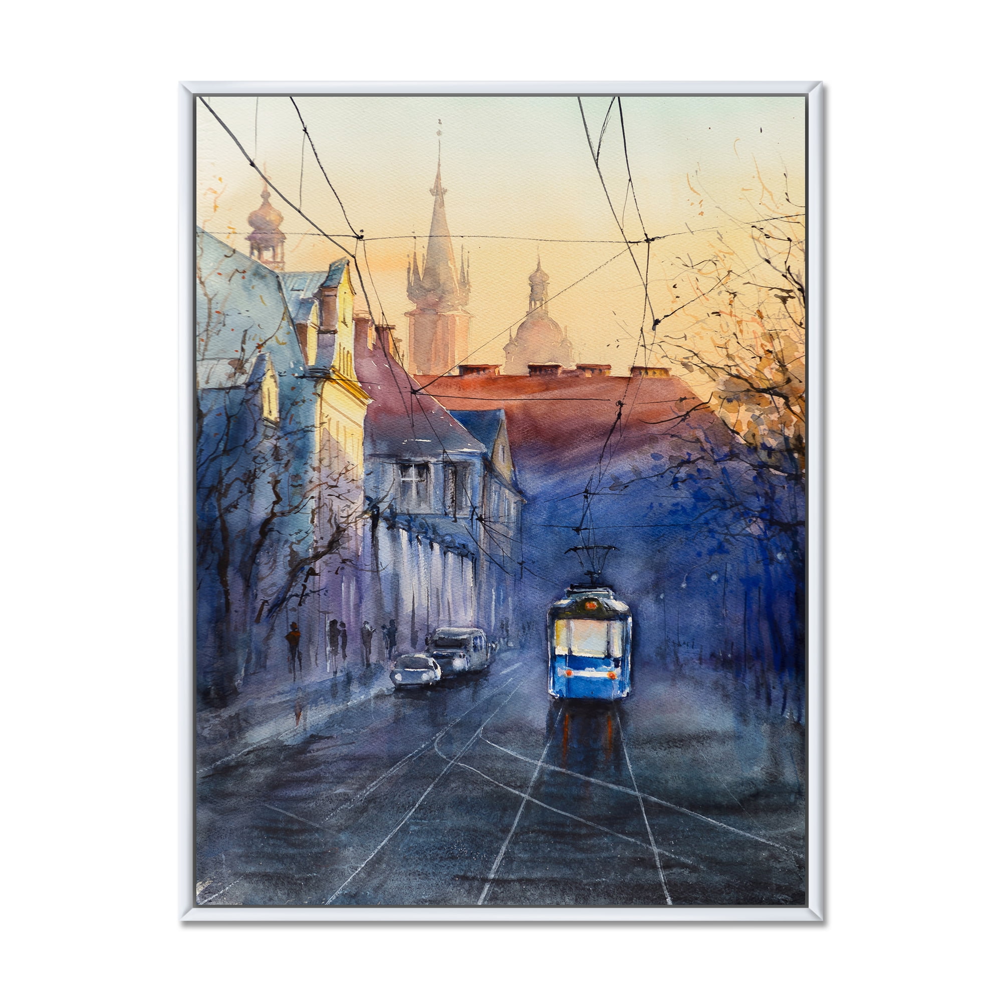 Designart 'Blue Tram At Sunset With Church During Sunset Cityscape' Nautical & Coastal Framed Canvas Wall Art Print
