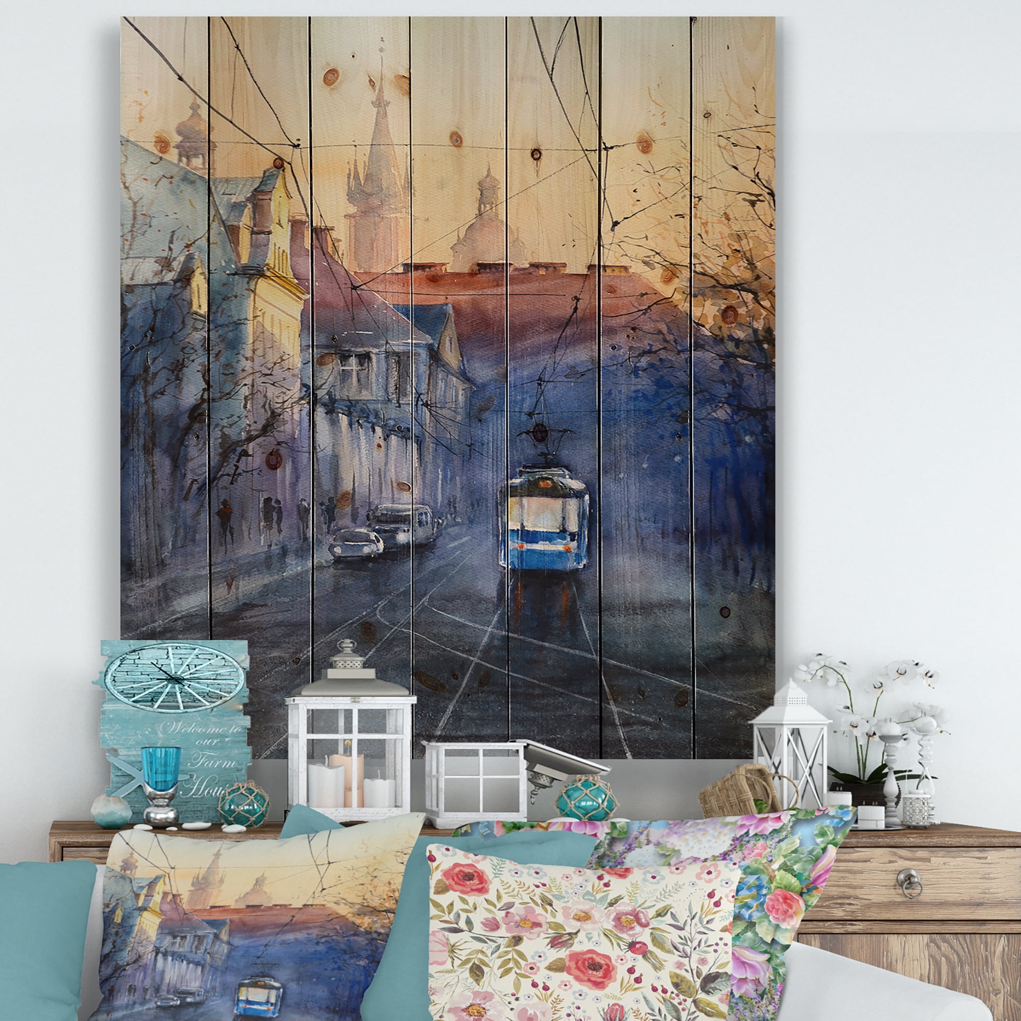 Designart 'Blue Tram At Sunset With Church During Sunset Cityscape' Nautical & Coastal Print on Natural Pine Wood