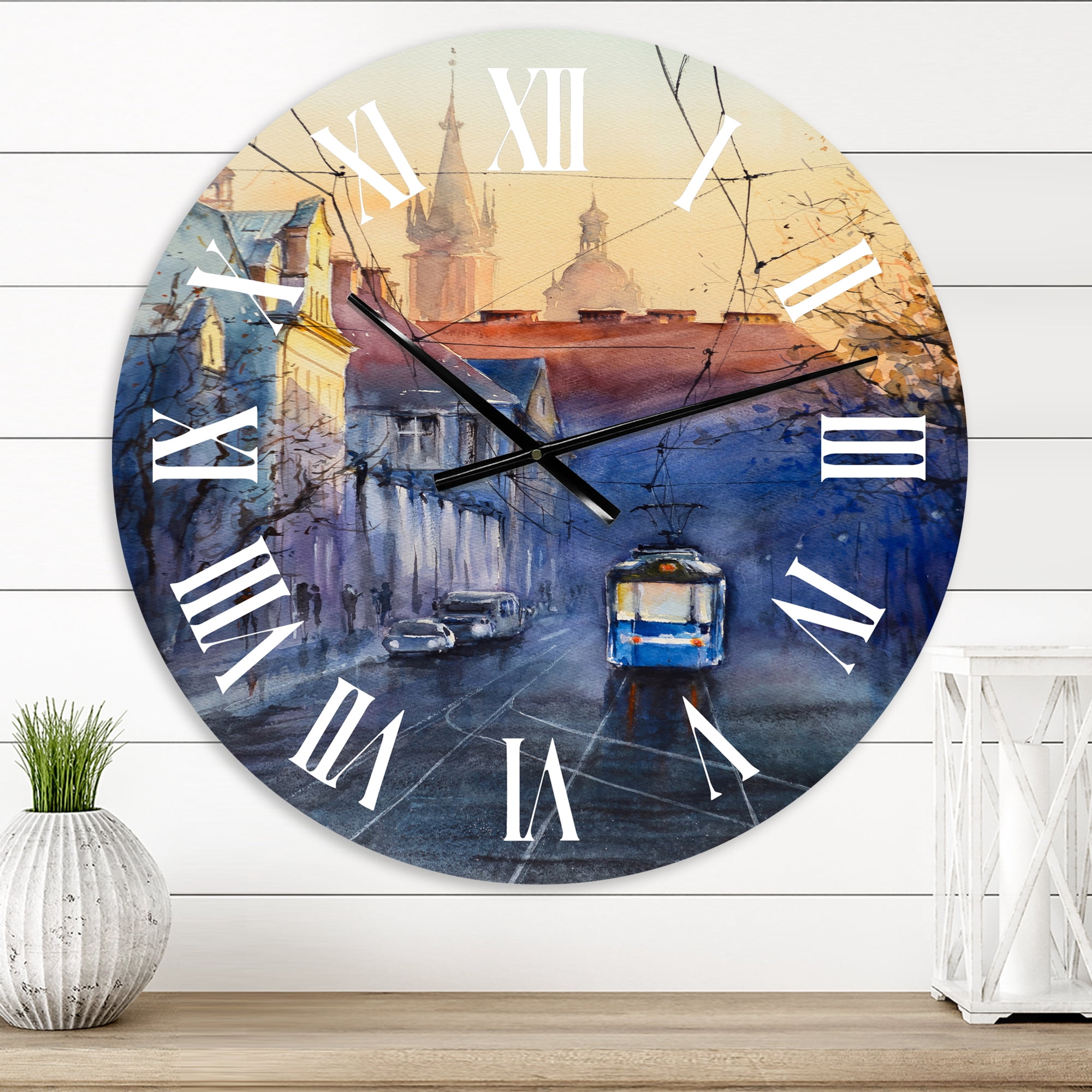 Designart 'Blue Tram At Sunset With Church During Sunset' Nautical & Coastal Wall Clock