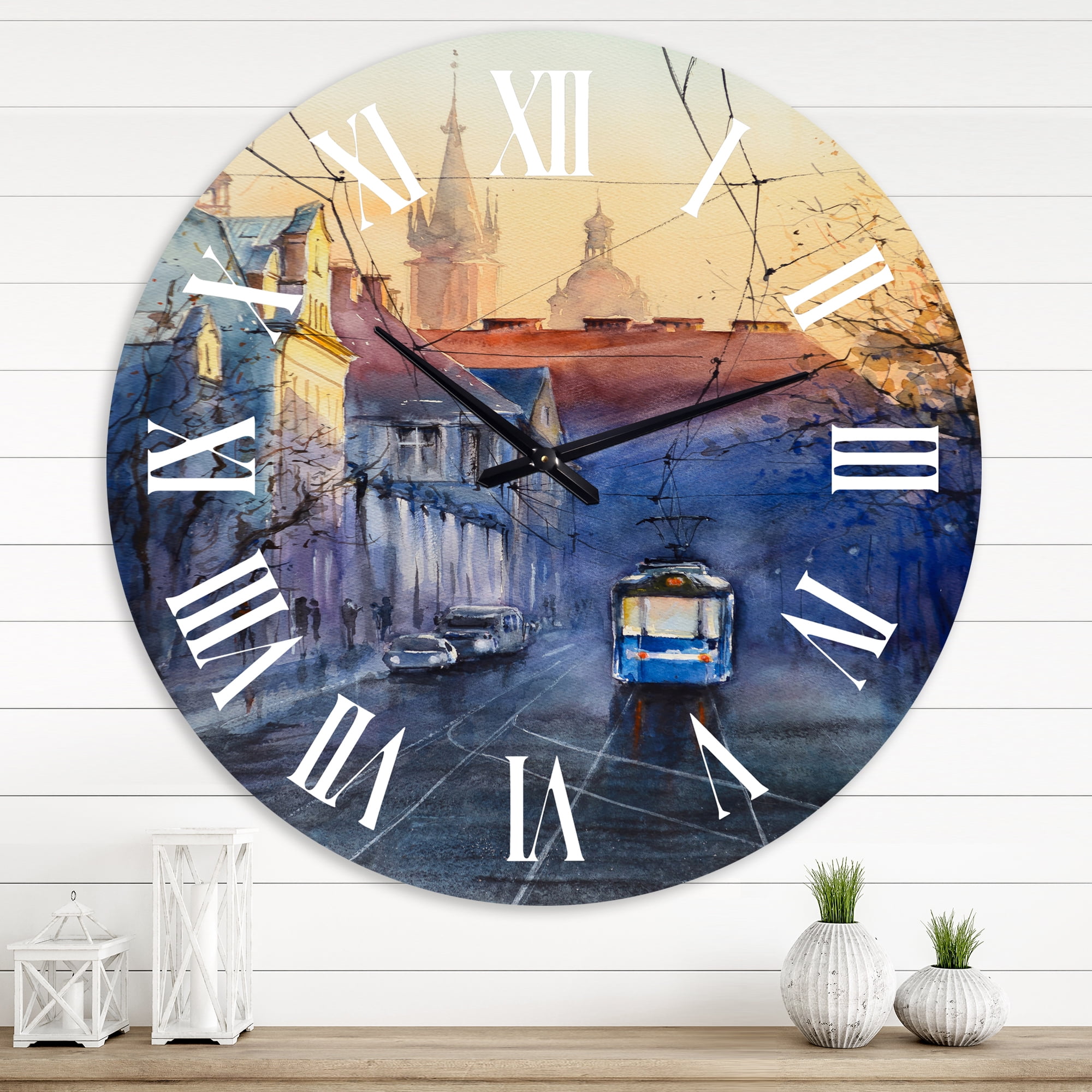 Designart 'Blue Tram At Sunset With Church During Sunset' Nautical & Coastal Wall Clock