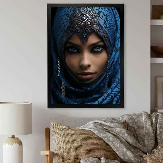 Designart "Blue Tuareg Woman Portrait" People Framed Wall Art - Global Blue African Tribal Hallway Framed Wall Art Decor
