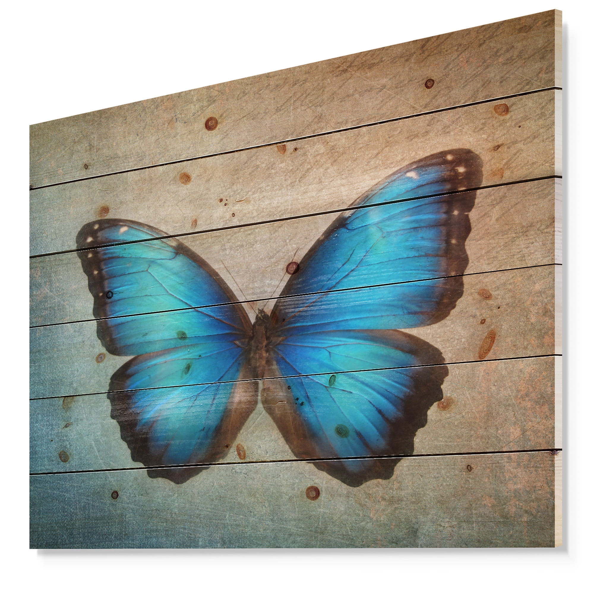 Blue Butterfly Floral Print on Natural Pine Wood Art