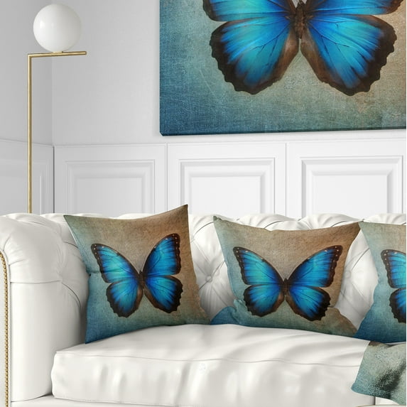Designart Blue Vintage Butterfly - Floral Throw Pillow - 16x16