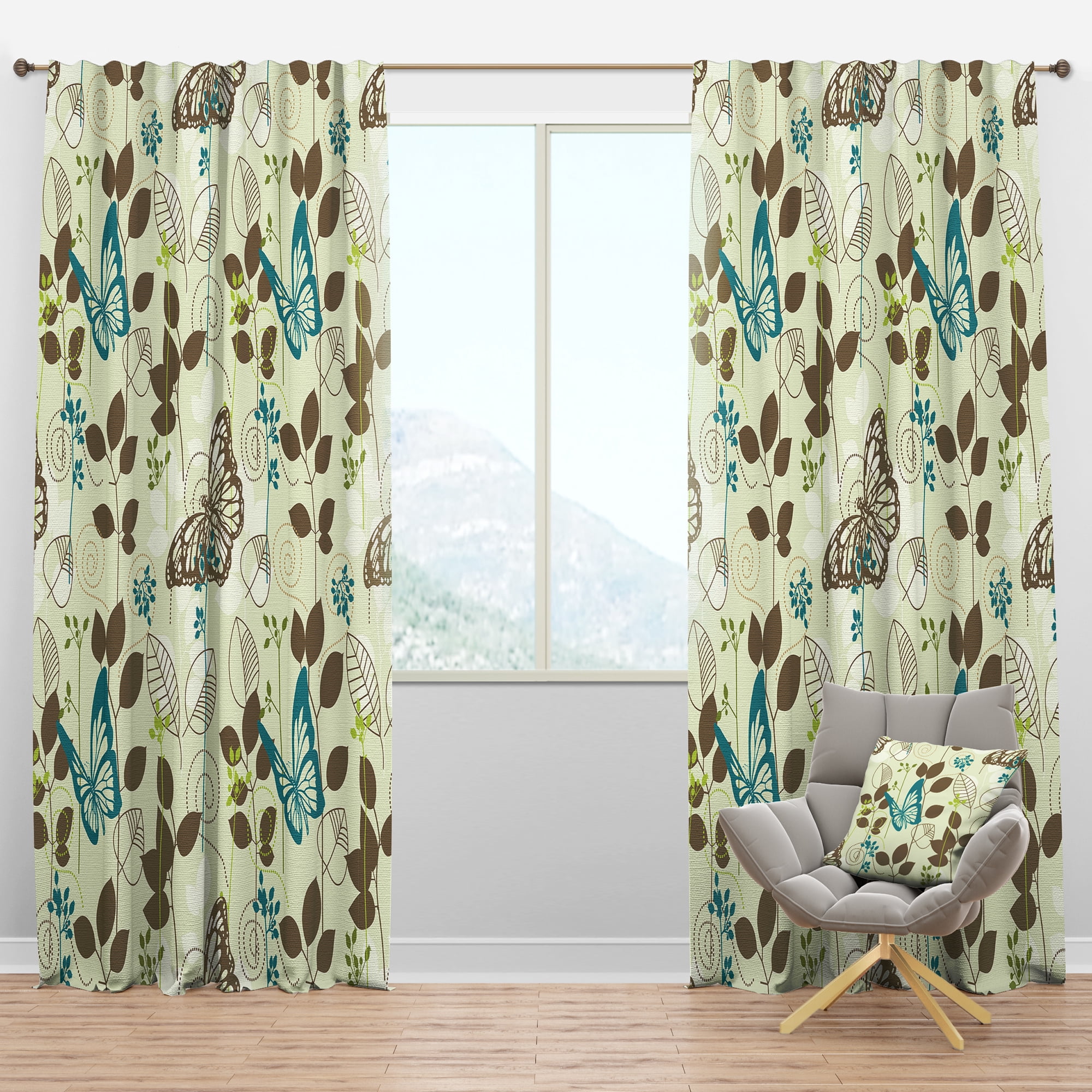 Designart 'Blue Vintage Butterfly On Brown Leaves' Abstract Blackout Curtain Panel