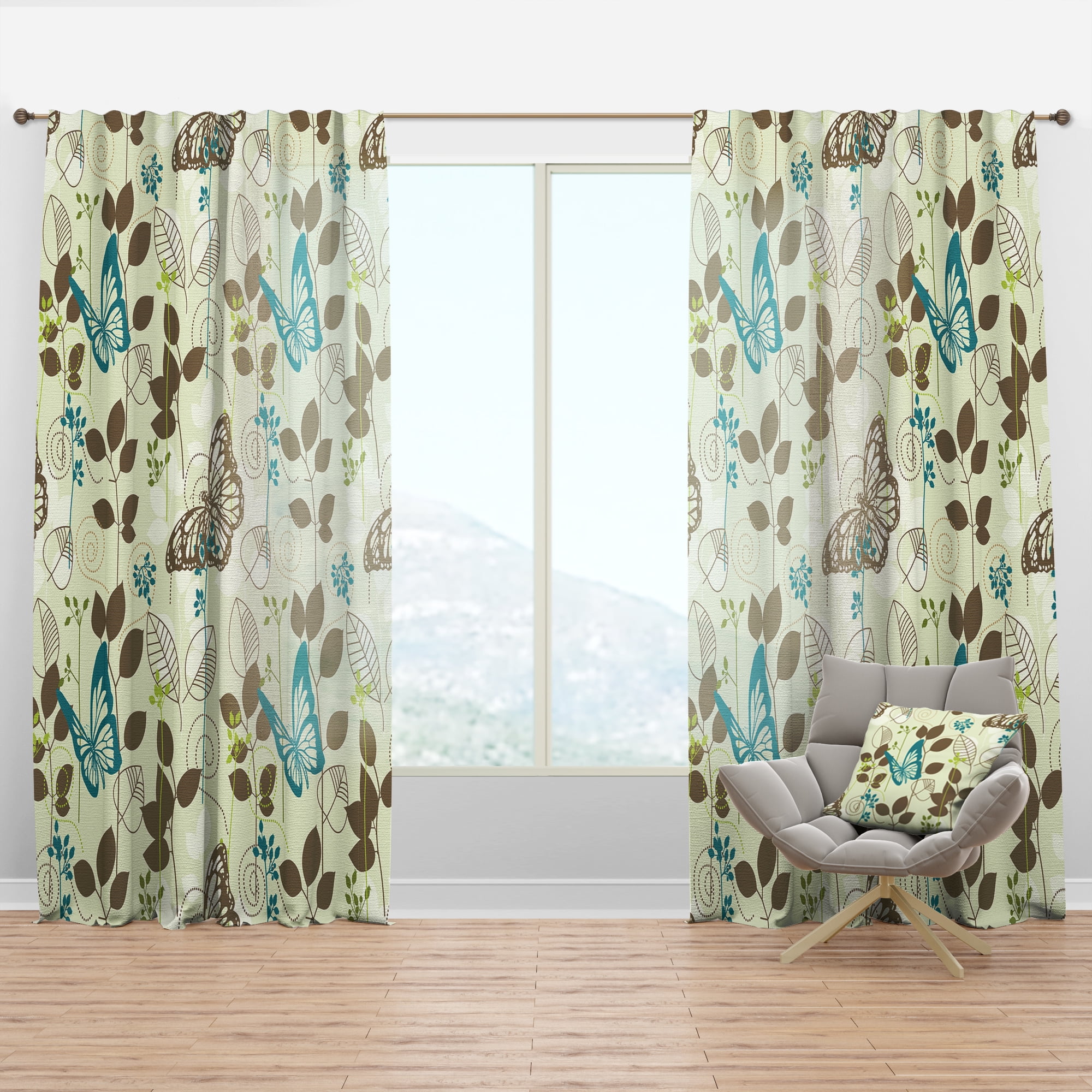 Designart 'Blue Vintage Butterfly On Brown Leaves' Abstract Curtain Panel