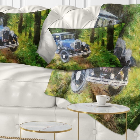 Designart Blue Vintage Car Oil Painting - Car Throw Pillow - 12x20