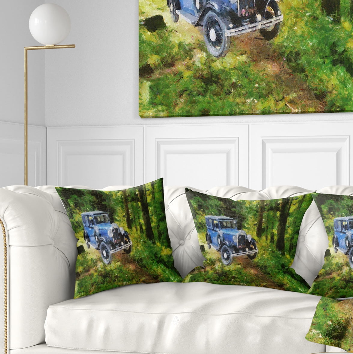 Designart Blue Vintage Car Oil Painting - Car Throw Pillow - 18x18