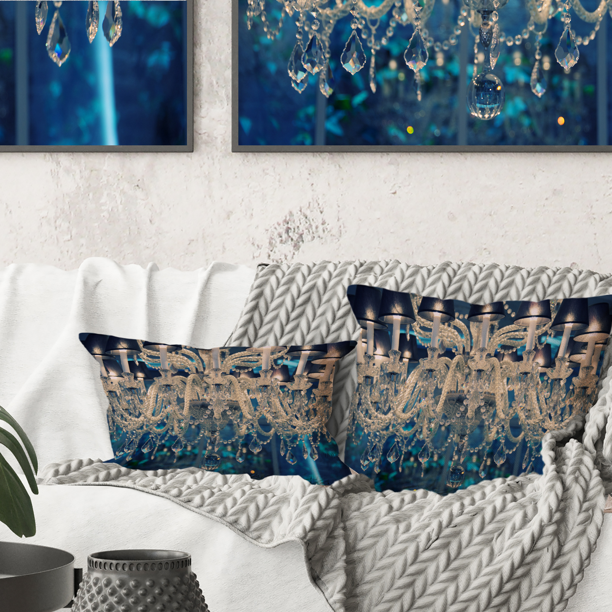 Designart Blue Vintage Crystal Chandelier - Flower Throw Pillow - 16x16