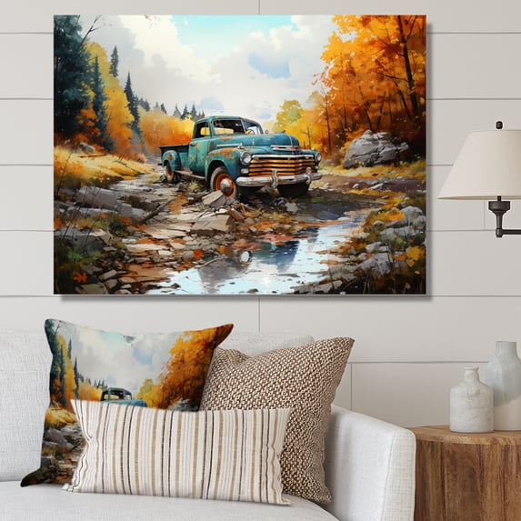 Designart "Blue Vintage Pickup Automn Offroad II" Transportation Wall Decor