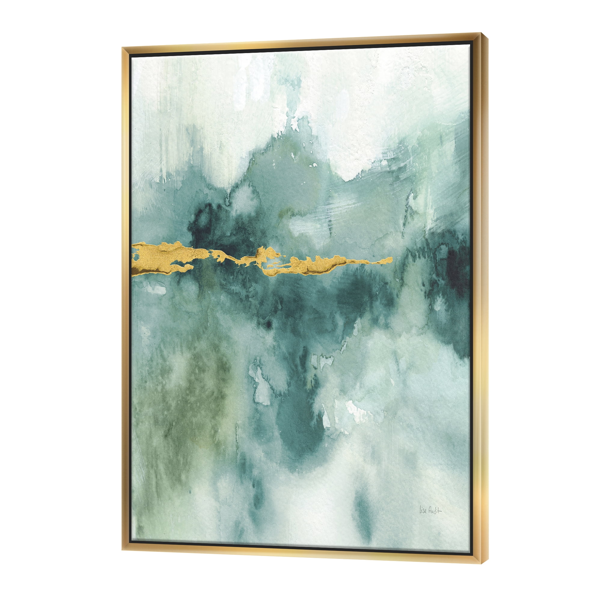 Designart ' Blue Watercolor Impression with Gold ' Traditional Framed Canvas