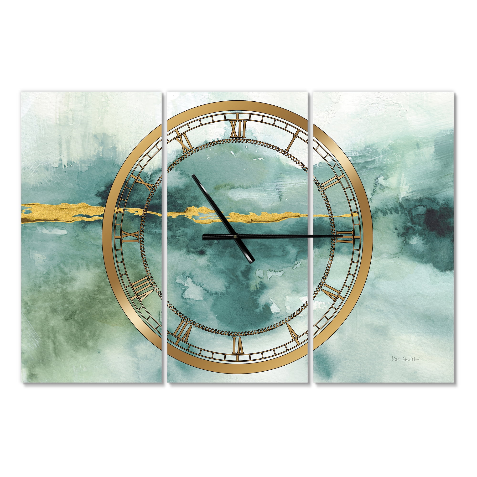Designart 'Blue Watercolor Impression with Gold' Traditional Wall Clock
