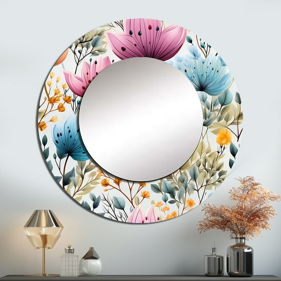 Designart "Blue Watercolor Leafscape I" Botanical Blue Large Round Mirror - Round Bedroom Mirror Wall Decor - Bohemian Round Printed Mirror - 29" x 29"