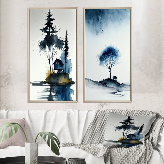 Designart "Blue Watercolor Tree by Rural Cottage II" Landscape Forest Framed Wall Art Set Of 2 - Country Blue Framed Canvas Set For Living Room Decor