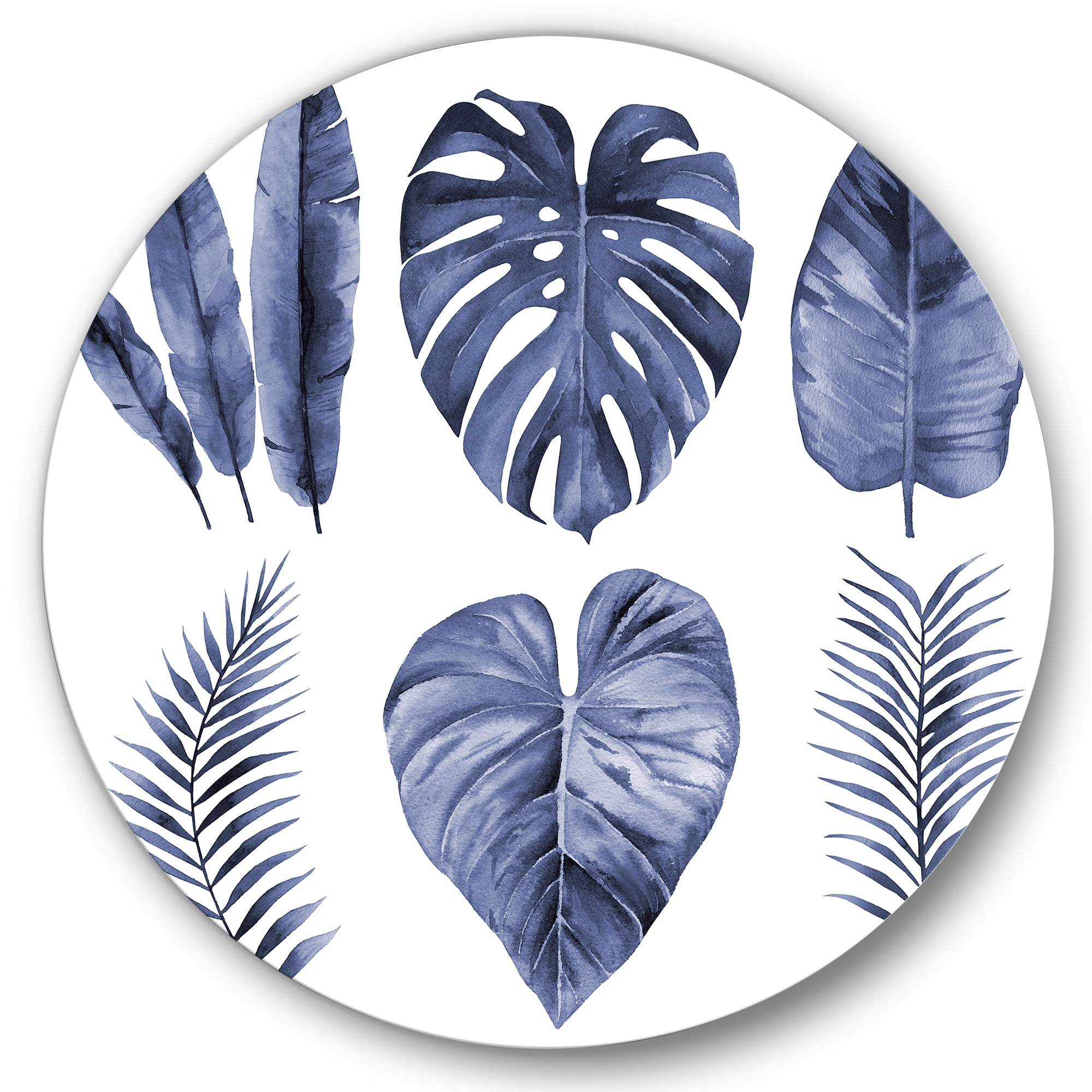 Designart 'Blue Watercolour Tropical Leaves I' Farmhouse Circle Metal Wall Art 29x29 - Disc of 29