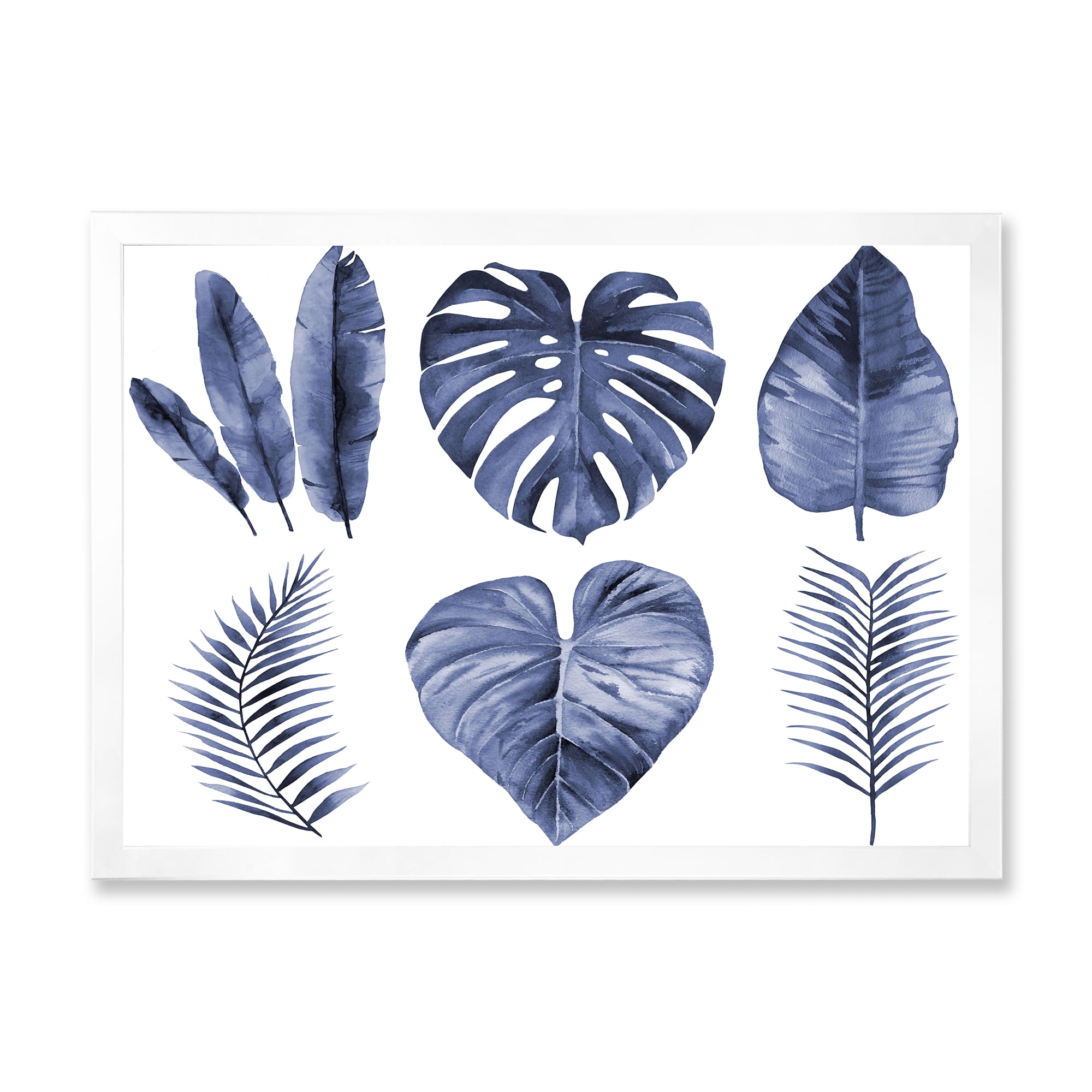 Designart 'Blue Watercolour Tropical Leaves I' Farmhouse Framed Art Print