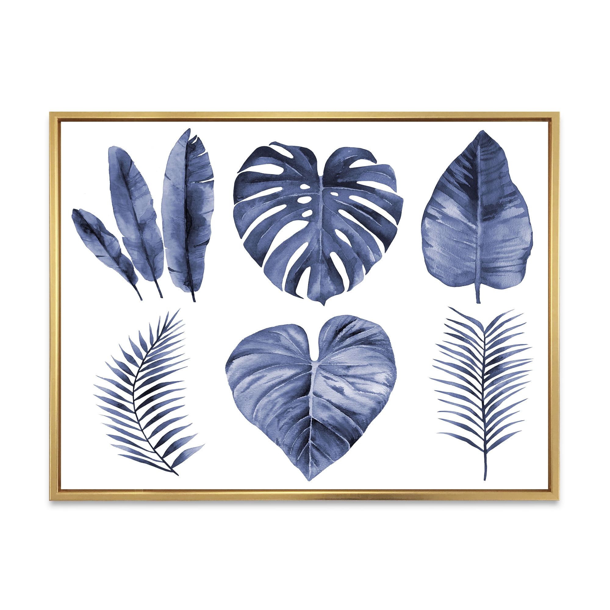 Designart 'Blue Watercolour Tropical Leaves I' Farmhouse Framed Canvas Wall Art Print