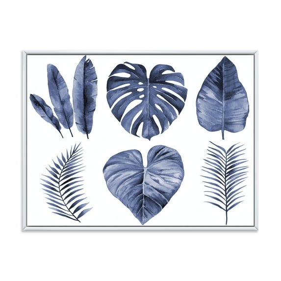 Designart 'Blue Watercolour Tropical Leaves I' Farmhouse Framed Canvas Wall Art Print