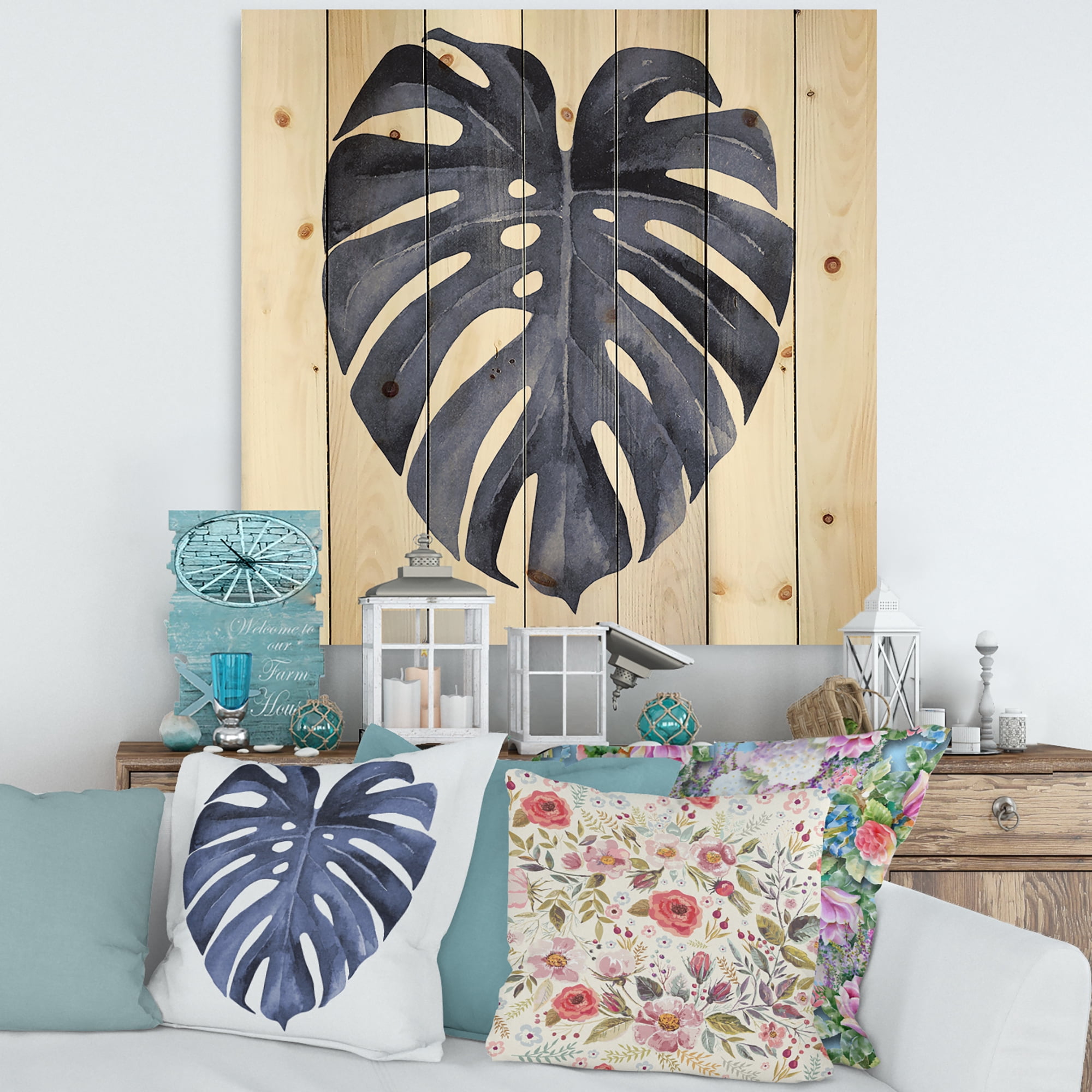 Designart 'Blue Watercolour Tropical Leaves III' Traditional Print on Natural Pine Wood