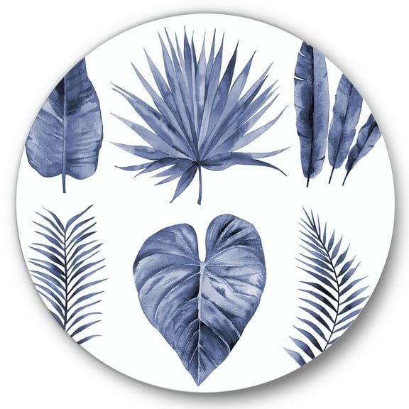 Designart 'Blue Watercolour Tropical Leaves IV' Traditional Circle Metal Wall Art 36x36 - Disc of 36
