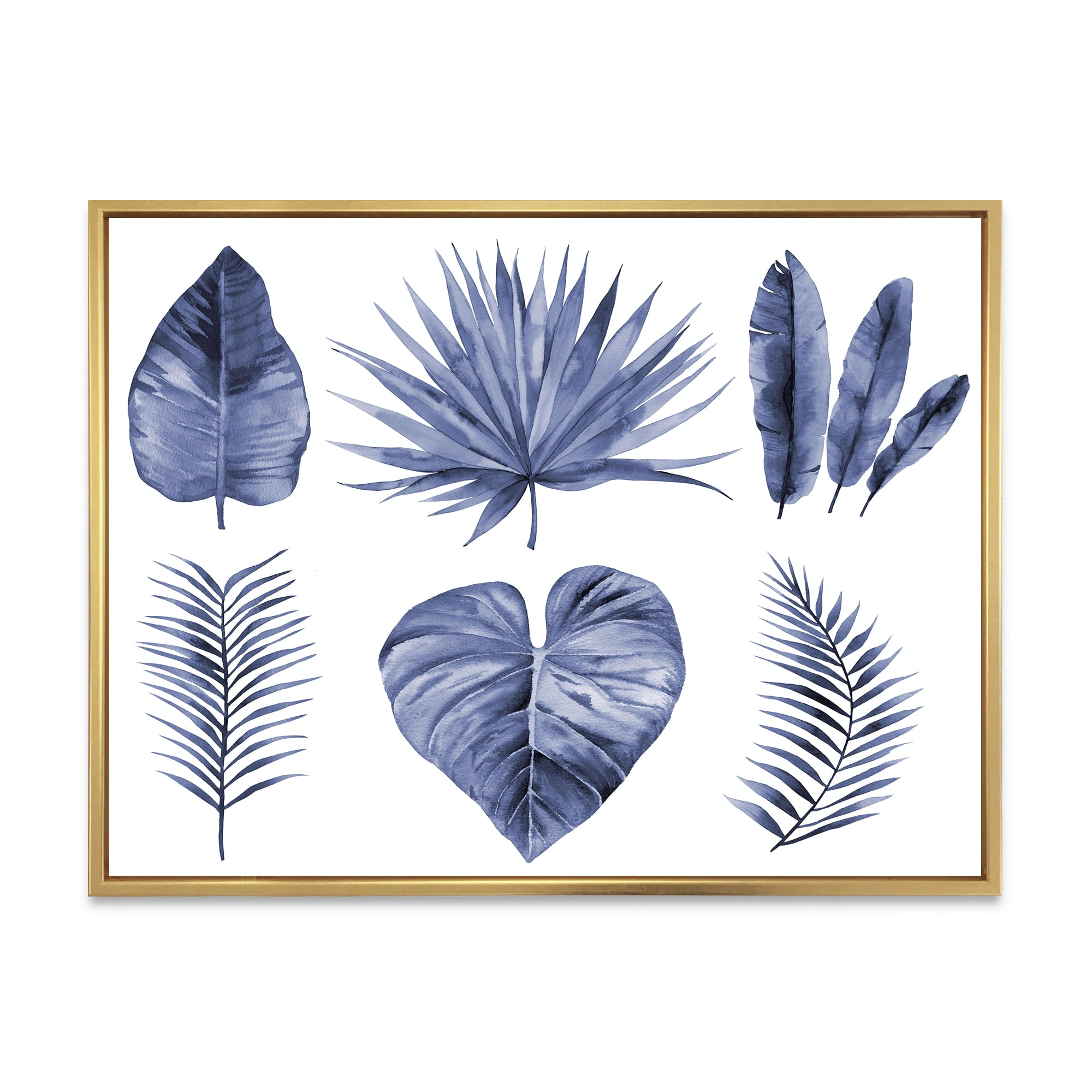 Designart 'Blue Watercolour Tropical Leaves IV' Traditional Framed Canvas Wall Art Print