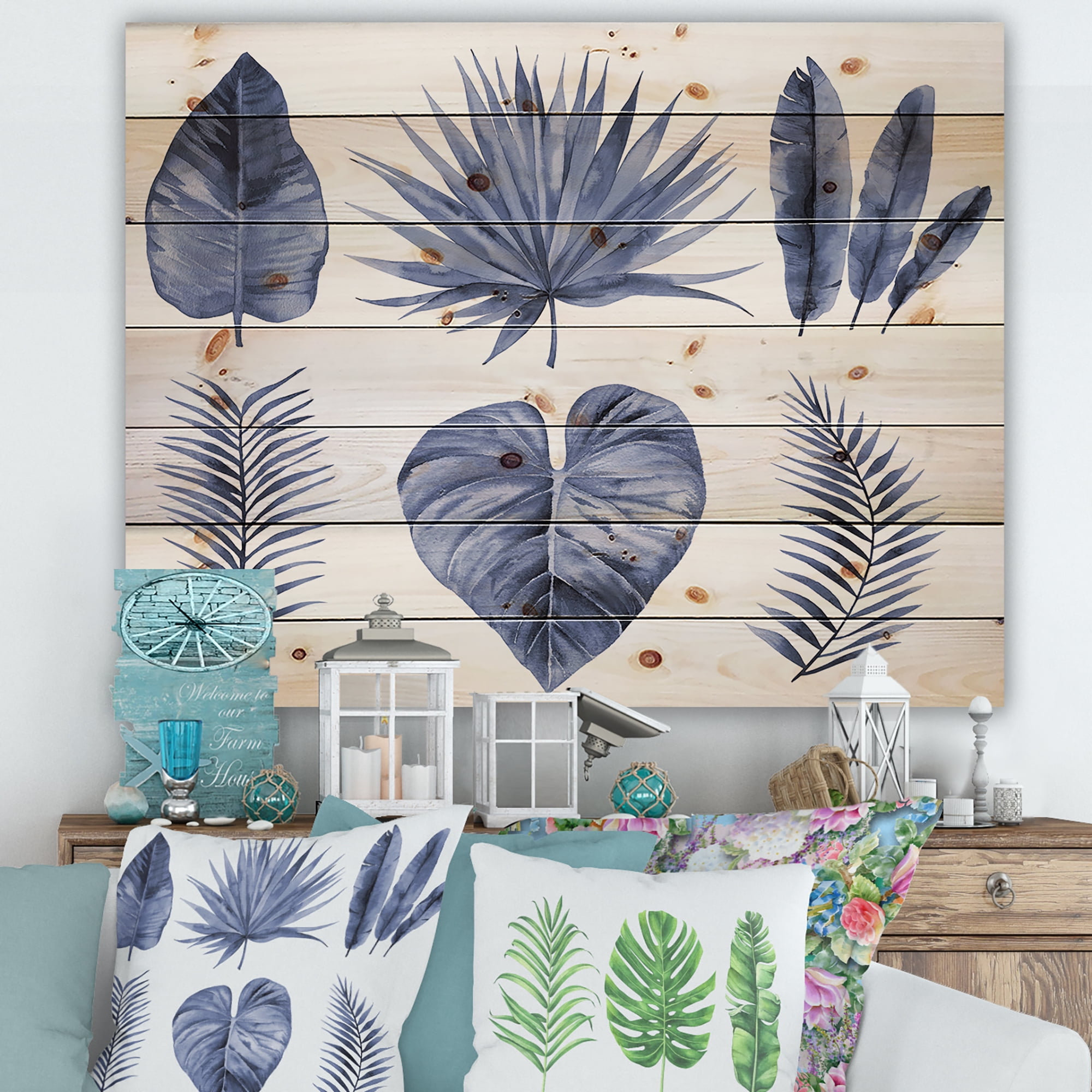 Blue Watercolor Tropical Leaves Print on Natural Pine Wood