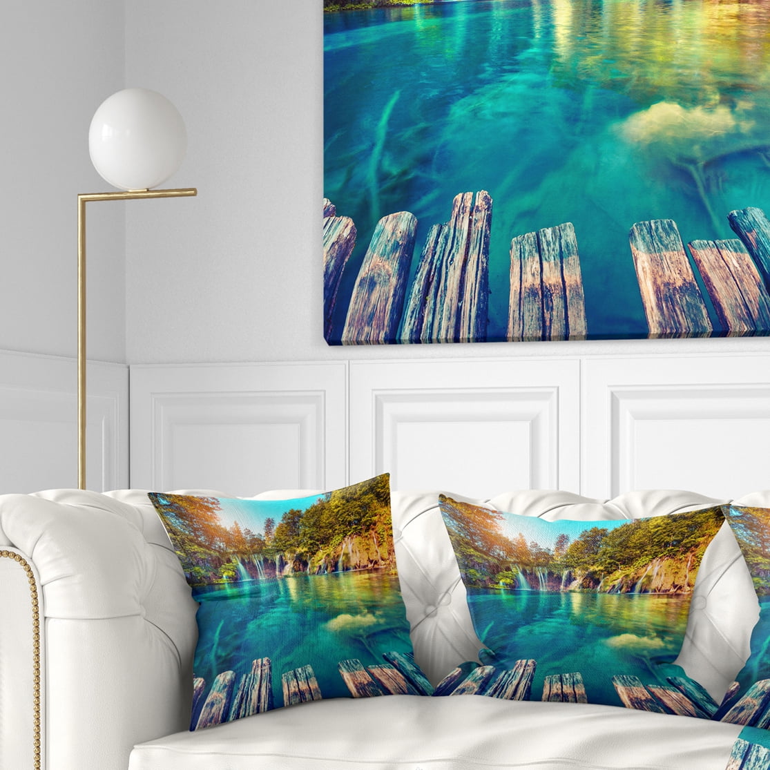 Designart Blue Waters in Plitvice Lakes - Landscape Photo Throw Pillow - 16x16