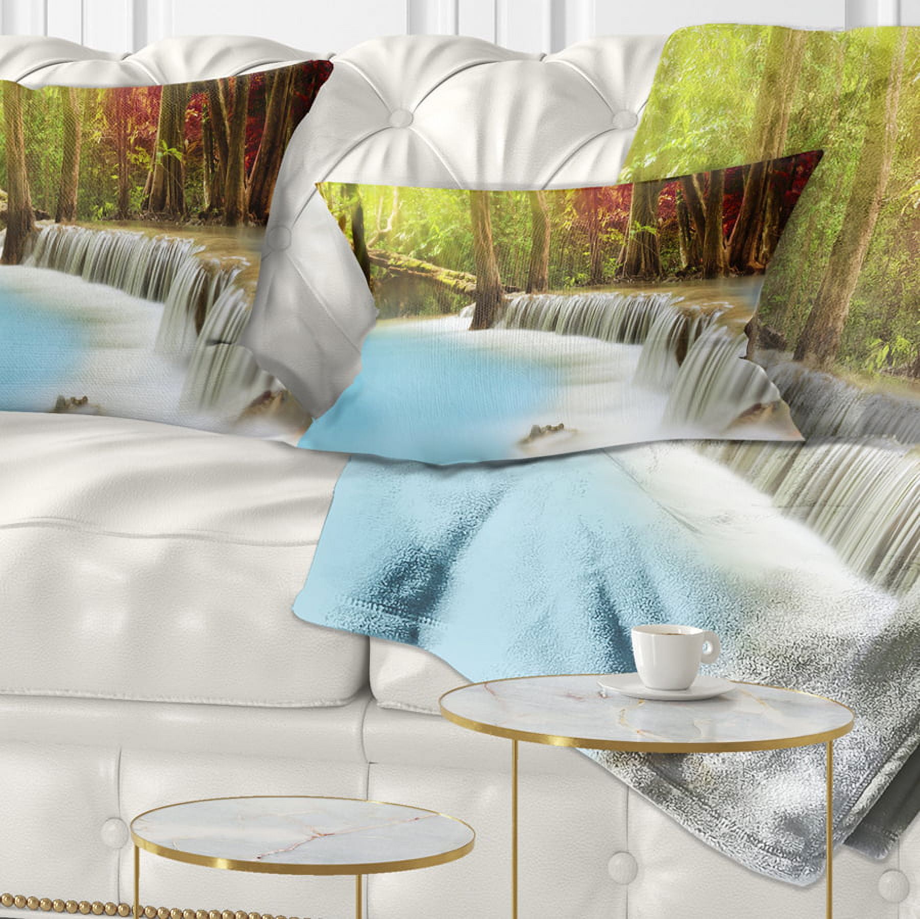 Designart Blue Waters of Huai Mae Kamin Waterfall - Landscape Printed Throw Pillow - 12x20