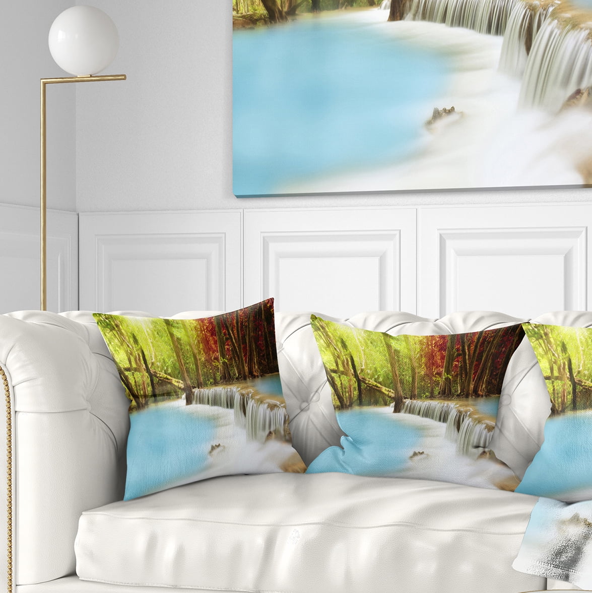Designart Blue Waters of Huai Mae Kamin Waterfall - Landscape Printed Throw Pillow - 16x16