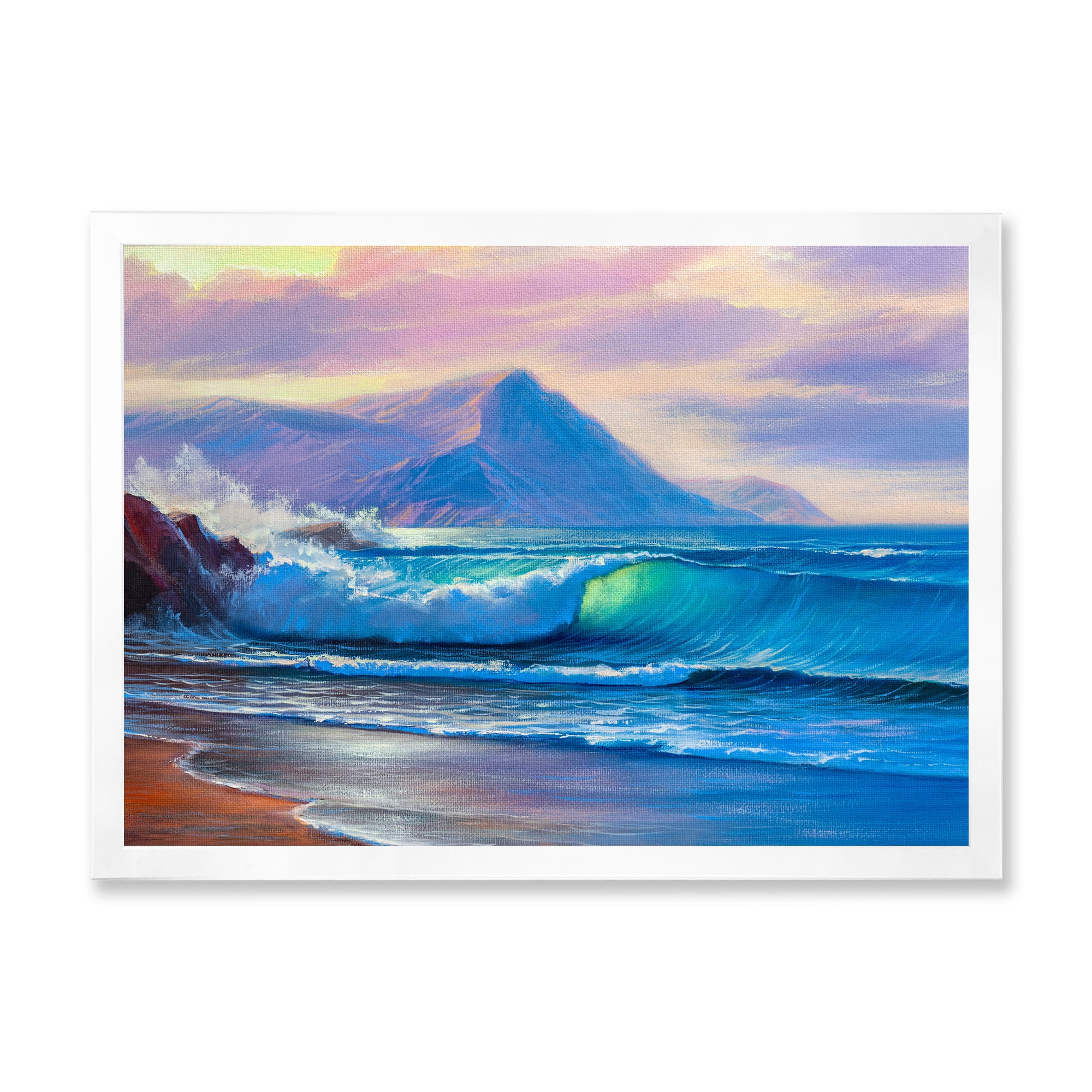 Designart 'Blue Waves Breaking At The Beach Landscape I' Nautical & Coastal Framed Art Print