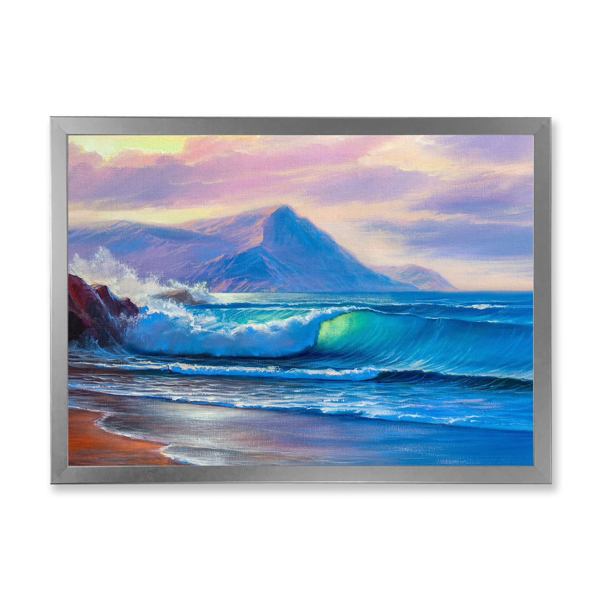Designart 'Blue Waves Breaking At The Beach Landscape I' Nautical & Coastal Framed Art Print