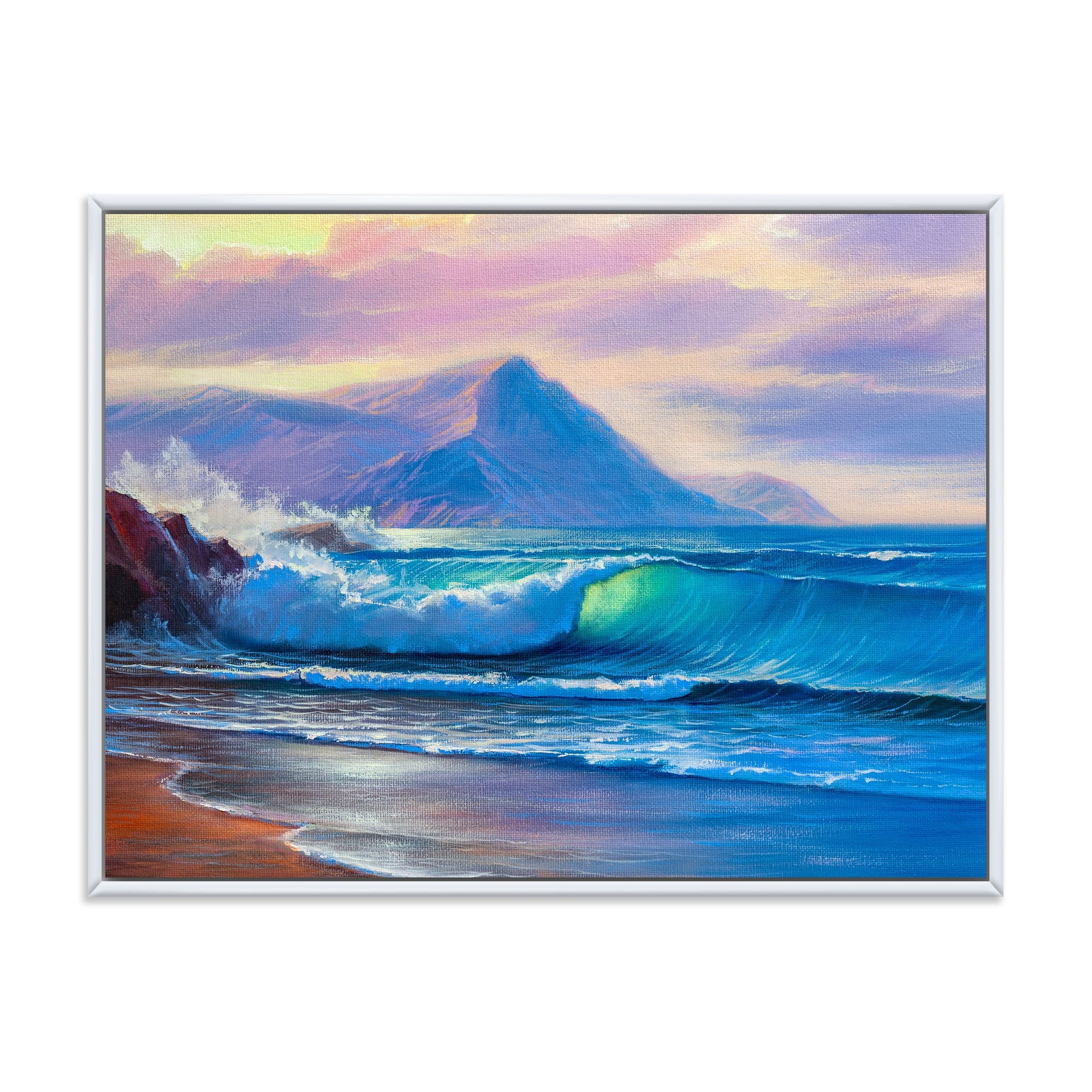 Designart 'Blue Waves Breaking At The Beach Landscape I' Nautical & Coastal Framed Canvas Wall Art Print