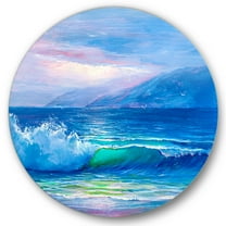 Designart 'Blue Waves Breaking At The Beach Landscape II' Nautical & Coastal Circle Metal Wall Art 36x36 - Disc of 36